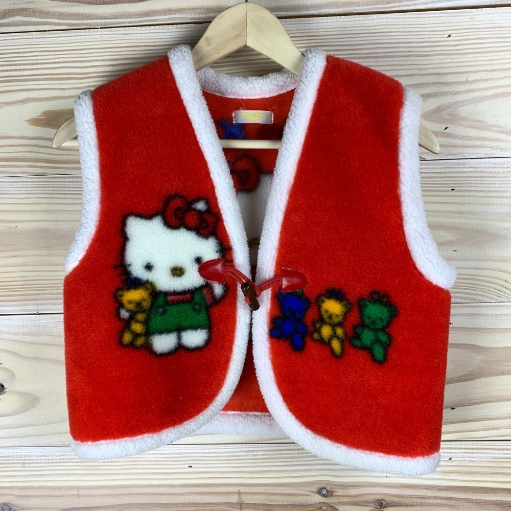 Vtg Hello Kitty Sanrio Smiles 100 Sherpa Fleece Vest Toggle Japan Kawaii